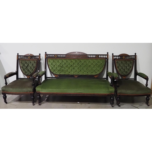 510 - James Shoolbred aesthetic period sofa and 2 chairs salon suit circa 1880. Signed