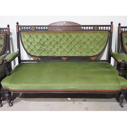 510 - James Shoolbred aesthetic period sofa and 2 chairs salon suit circa 1880. Signed