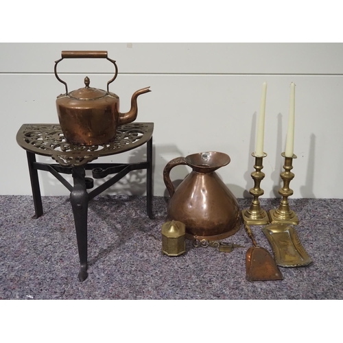 92 - Assorted copper items and brass item to include trivet, kettle, candlesticks, etc.