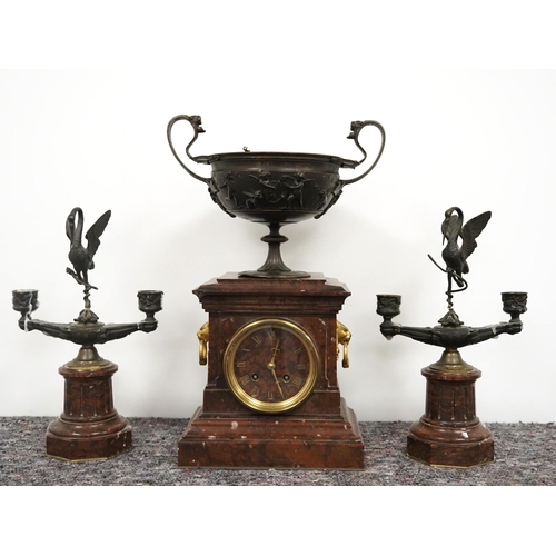 46 - Antique French marble and bronze clock garniture by Japy Freres and bronze bowl signed F Barbedienne... 