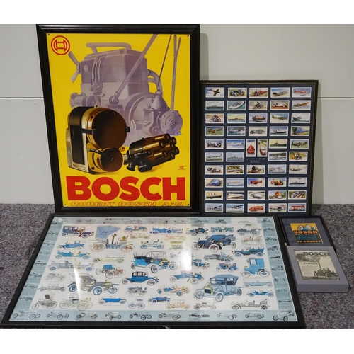 89 - Modern tin Bosch sign, Antique Automobiles poster, framed cigarette cards, etc.