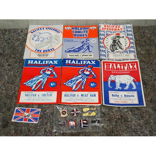 157 - Halifax 'The Dukes' speedway programs 1960s/80s and speedway pin badges