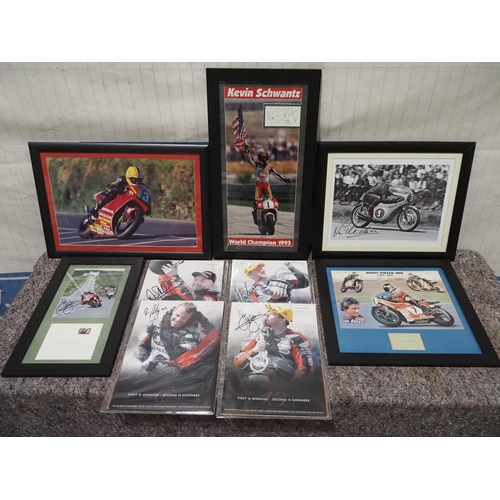 182 - Framed and signed motorcycle racing prints -4 and signed TT posters - 4 to include Barry Sheene and ... 