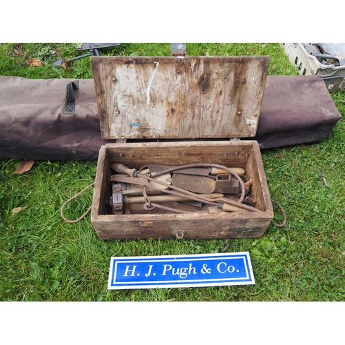 53 - Wooden box and contents to include horse rasps and ducting tools