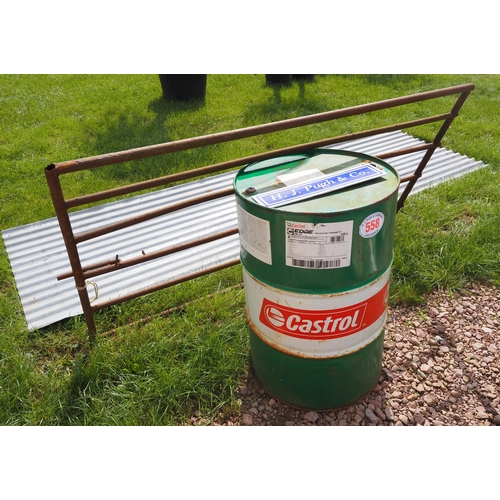 558 - Castrol oil drum, metal gate and roof sheet