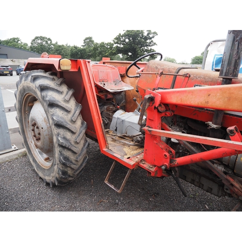 1631 - Massey Ferguson 265 tractor. 1980. Runs and drives. C/w front loader, pallet tines and bucket. Has b... 