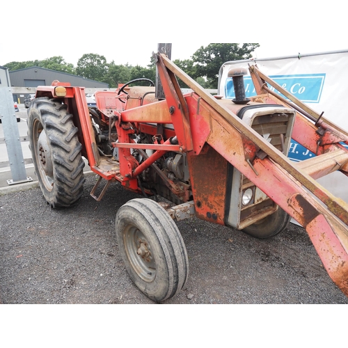 1631 - Massey Ferguson 265 tractor. 1980. Runs and drives. C/w front loader, pallet tines and bucket. Has b... 