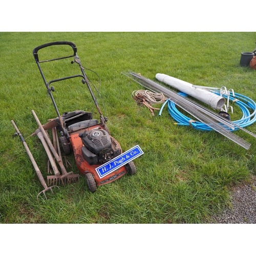 938 - Mower, rope, tools, pipe, etc.