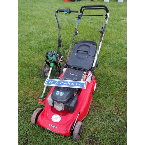 40 - Pedestrian strimmer and Mountfield mower