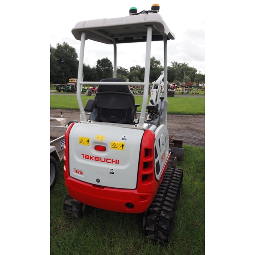 1611 - Takeuchi TB216 compact digger with extending tracks and set of buckets. Key in office