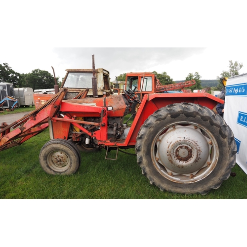 1631 - Massey Ferguson 265 tractor. 1980. Runs and drives. C/w front loader, pallet tines and bucket. Has b... 