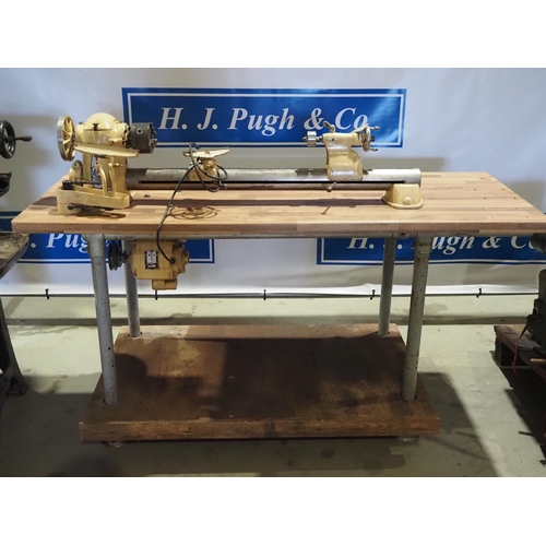 246 - Myford ML8 woodworking lathe 3ft bed on worktable with bowl turning plate. Single phase