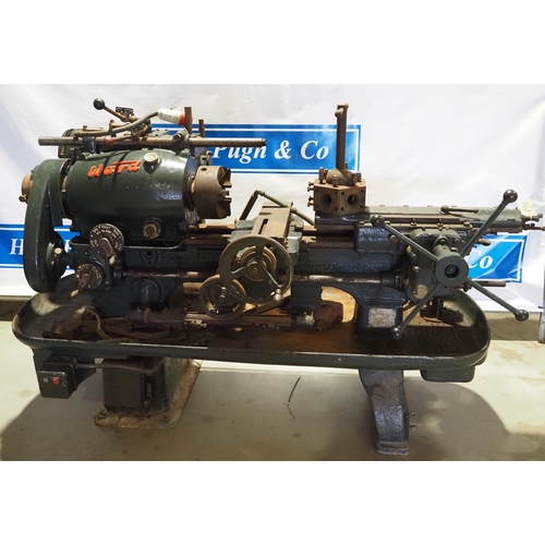 248 - Ward model 3A heavy duty metal working lathe with thread cutter and capstan. Variable speed. 3 Phase