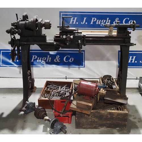 Milnes 3.5" centre height metal working lathe with 36" bed on cast iron legs. Comes with sliding bed assembly, 3 jaw chuck, 3 speed motor, 16" face plate and other tooling. Single phase