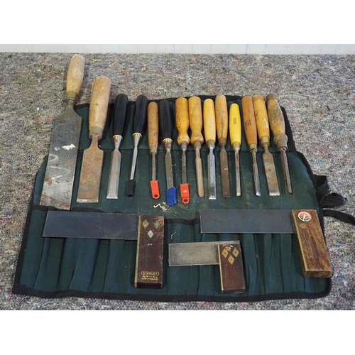 335 - Squares and woodworking chisels to include Marples