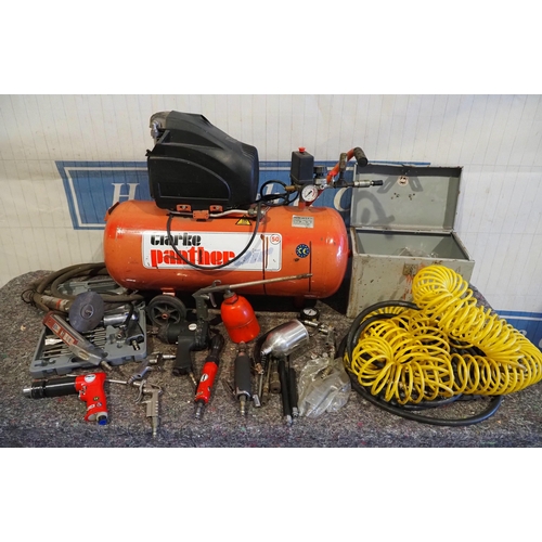 350 - Clarke Panther 50L air compressor with air hoses and assorted air tools to include drills, tyre infl... 