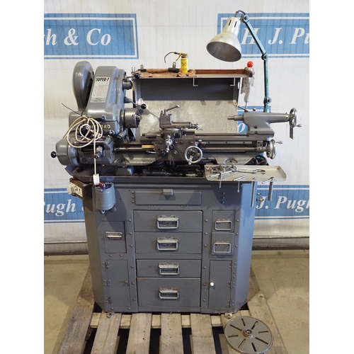 Myford Super-7 lathe with 3 jaw chuck, tool post and contents