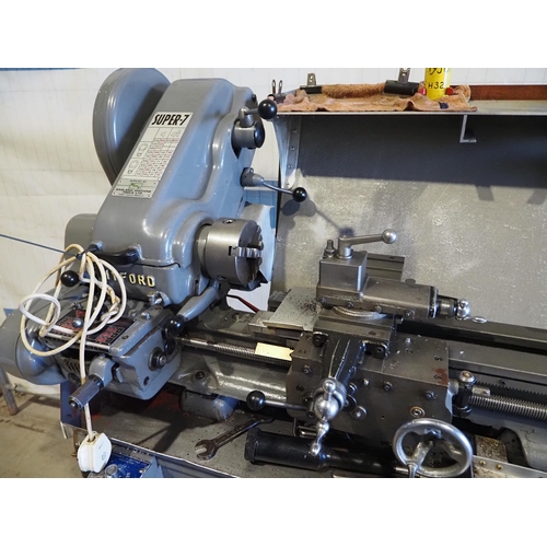 391 - Myford Super-7 lathe with 3 jaw chuck, tool post and contents