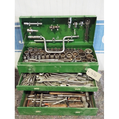 420 - Metal tool cabinet with sockets, ratchets, spanners and other tools to include Britool