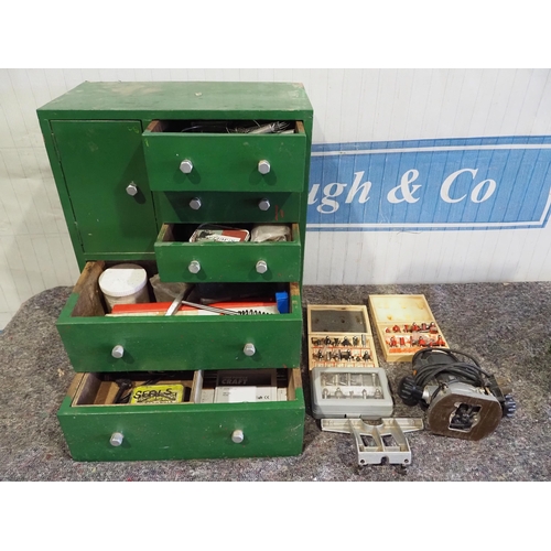 421 - Wooden cabinet with Elu router, router bits, and other tools and fixings