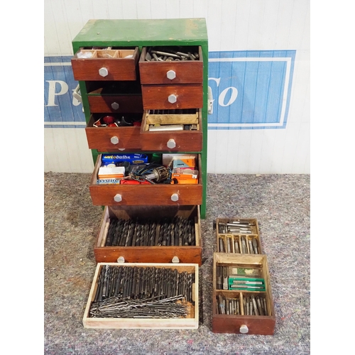 423 - Wooden workshop cabinet and contents to include drill bits, taps, etc.