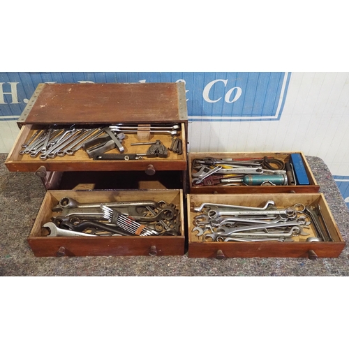 427 - Wooden workshop cabinet and contents of spanners to include King Dick, Britool, etc.