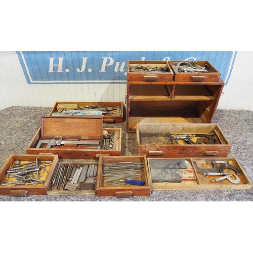 448 - Wooden workshop cabinet and contents of measuring devices, gauges and other tools