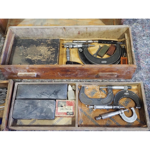 448 - Wooden workshop cabinet and contents of measuring devices, gauges and other tools