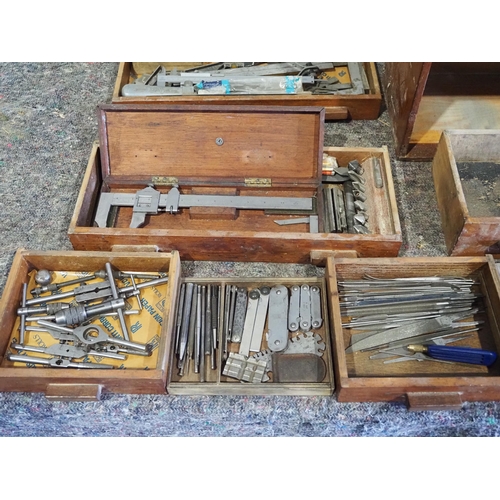 448 - Wooden workshop cabinet and contents of measuring devices, gauges and other tools