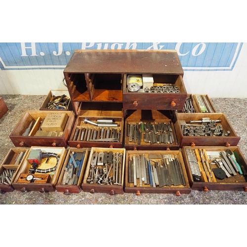 449 - Wooden workshop cabinet and contents of lathe tools to include chucks, collets and other cutting too... 