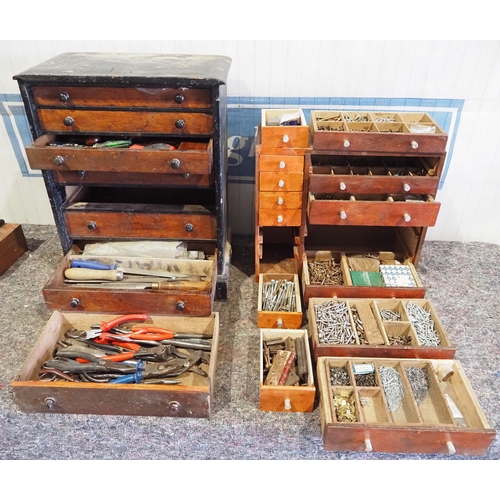 451 - Wooden workshop cabinets and contents of assorted screws, pliers, nails, files, etc.