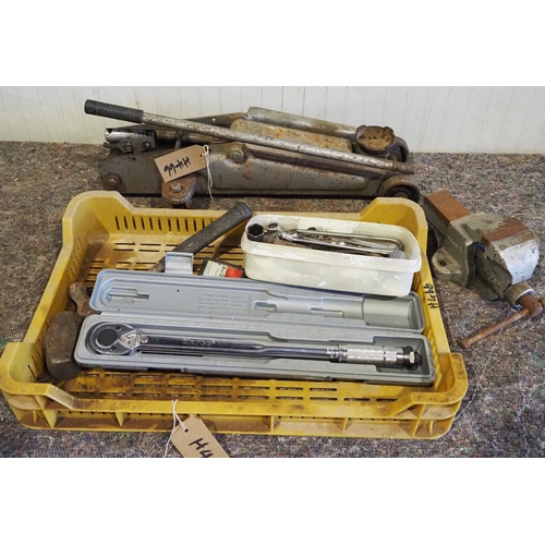 461 - Trolley jack, Woden vice, torque wrench and assorted spanners