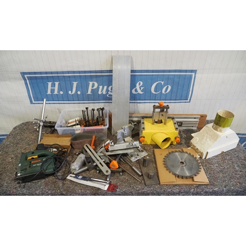 585 - Drill bits, Bosch jigsaw, circular saw blade, machinery guards etc