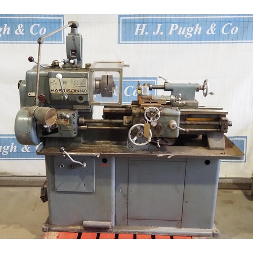 629 - Harrison 140 metal working lathe with 3 jaw chuck and spare 4 jaw chuck, 3 phase