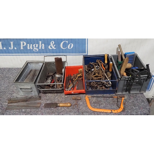 681 - Woodworking tools, metal rulers, spanners, hooks etc