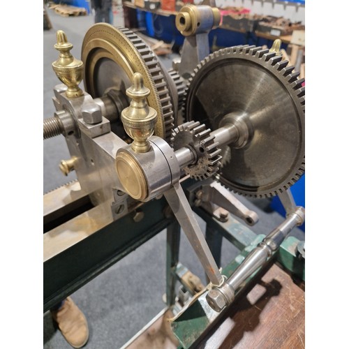 296 - Goyen Ornamental metal working lathe with 4ft bed on cast iron base. Fitted with 5 ornamental brass ... 