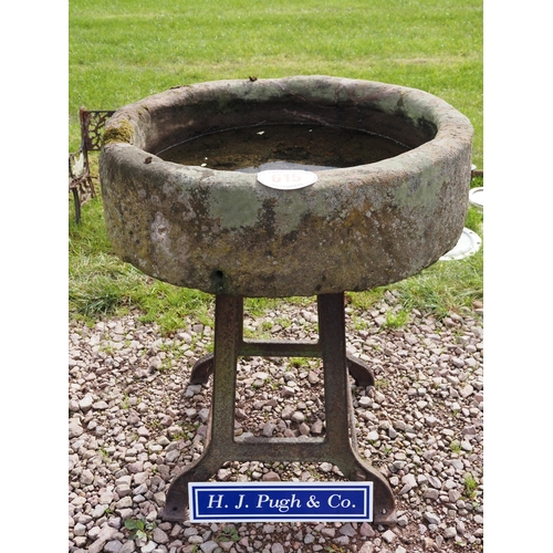 615 - Stone trough on cast iron stand approx. 3ft dia.