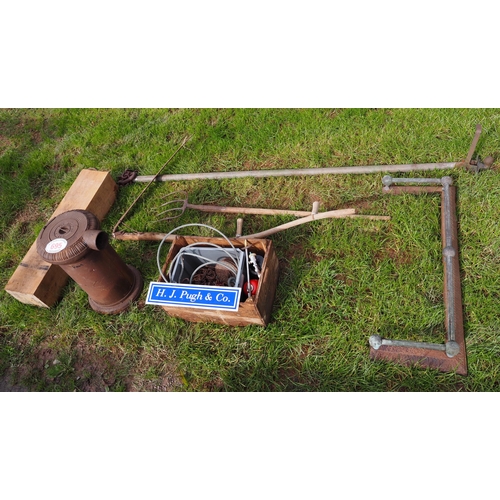 695 - Garden tools, tow bar, wood burner, fender, etc.