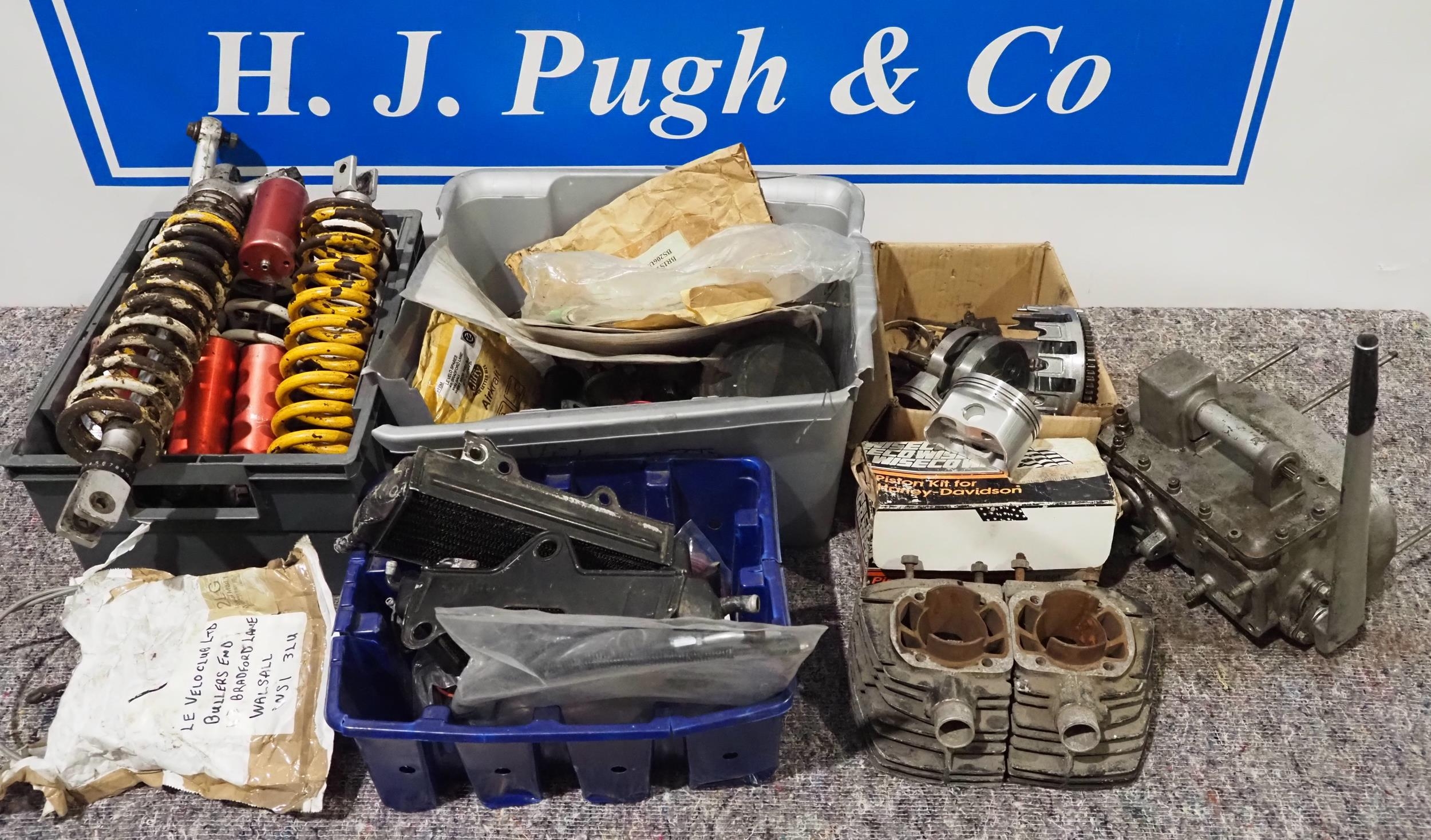 Shocks, barrels, engine cases and other parts to include Harley