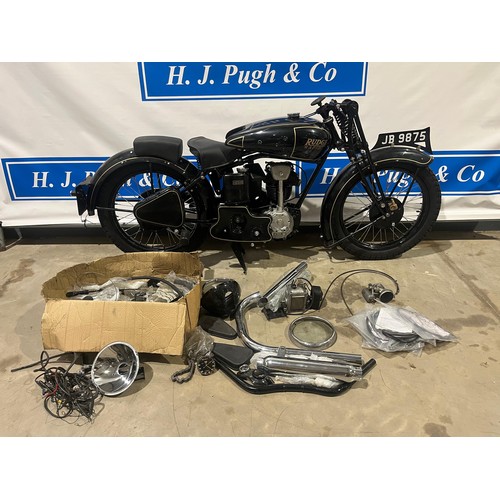 Rudge Rapid motorcycle project. 1936. 245cc 
Frame No. 58104
Engine No. A566
Unfinished restoration project believed to be complete. Engine and gearbox have been rebuilt. Mag-dyno has been rebuilt. Many parts have been re-chromed and painted ready to be put together. Comes with original buff logbook, spare parts list and "The book or the Rudge".
Reg. JB9875. V5