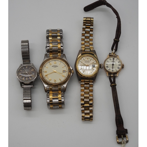 381 - Rotary mens wristwatch, Avia wristwatch with 9ct gold case, Omega ladies wristwatch and 1 other