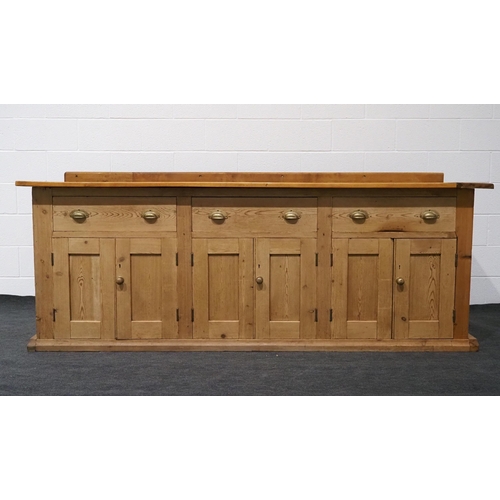 Pine dresser base with cupboards, shelves and 3 drawers H36" x W97½" x D27½"