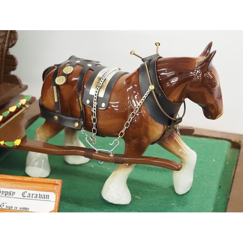 36 - Porcelain Shire horse and gypsy caravan model in display case 32