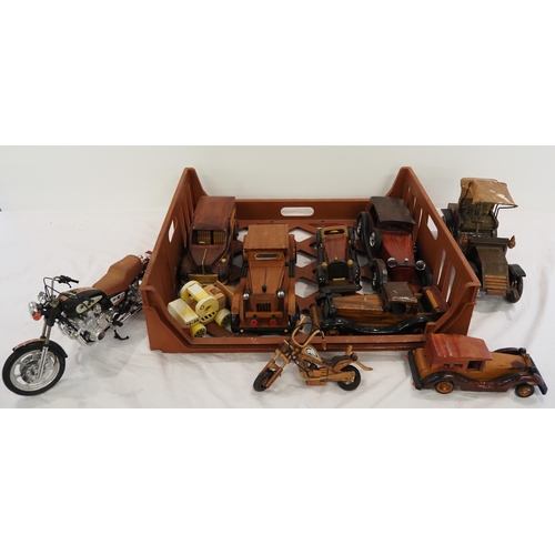 47 - Wooden model vintage cars and plastic Harley Davidson model motorcycle