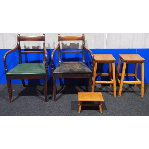 574 - Pair of stalls, carver chairs and small foot stool