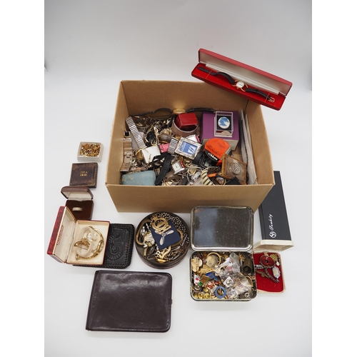 384 - Box of assorted watches, badges, costume jewellery, etc. to include some silver