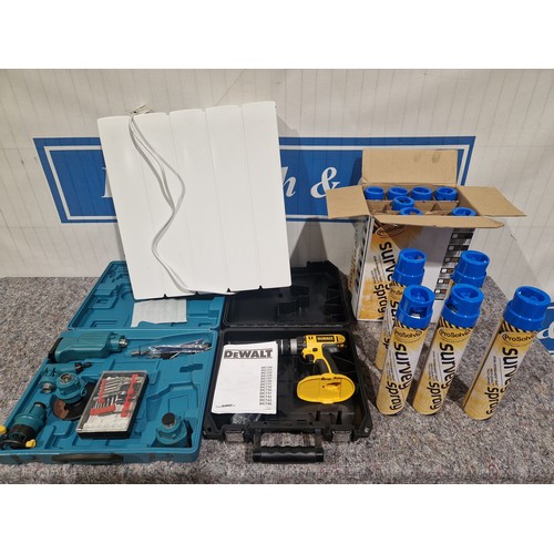 496 - DeWalt cordless drill body, no battery,  blue line marker spray cans - 12, Simplex wall mounted heat... 