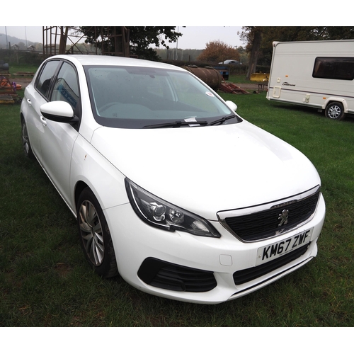 1838 - Peugeot 308 car, 2017. Showing 55,000 miles. MOT until  30/10/25. Reg. KM67 ZWF. V5 and key in offic... 