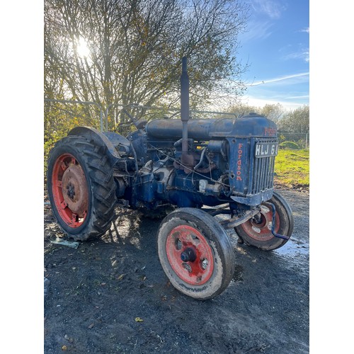 145 - Fordson E27N petrol/TVO tractor, high top gear model. Driven into place. Fitted with hydraulics, PTO... 