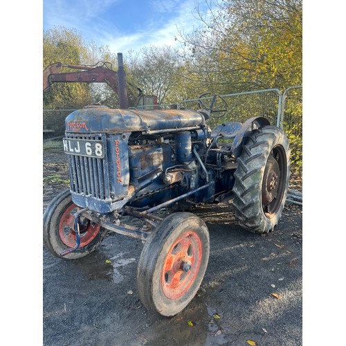 145 - Fordson E27N petrol/TVO tractor, high top gear model. Driven into place. Fitted with hydraulics, PTO... 